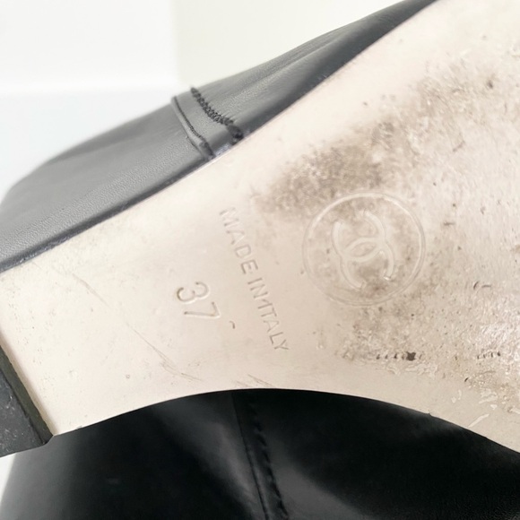 Chanel CC Crystal Embellished Black Leather Wedge Heel Calf Boots - Picture 11 of 12